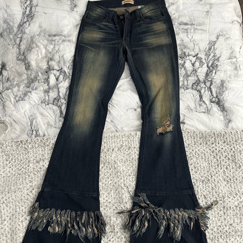 Aphrodite Blue Flare Wide Leg Jeans with Fringe Hem